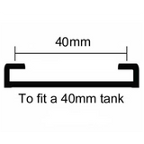 A black fuel tank strap designed to secure a 40mm tank, with dimensions labeled.