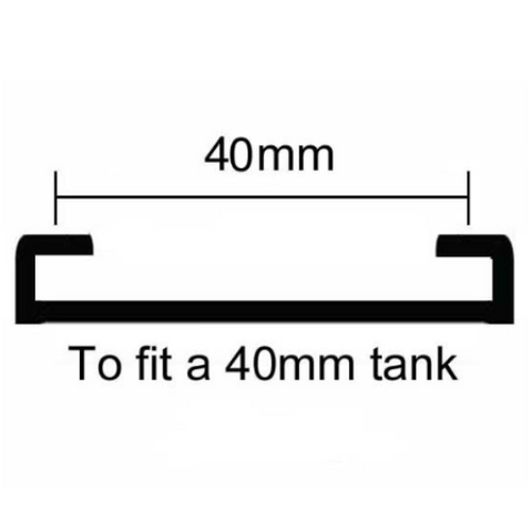 A black fuel tank strap designed to secure a 40mm tank, with dimensions labeled.
